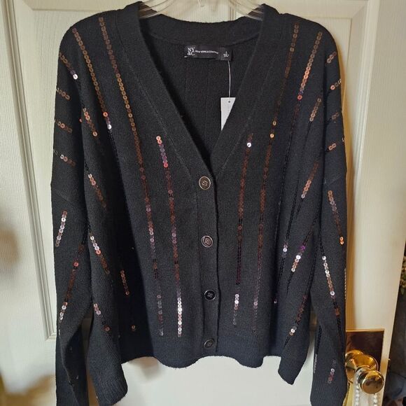DROP SHOULDER SEQUIN STRIPE CARDIGAN - Picture 1 of 6